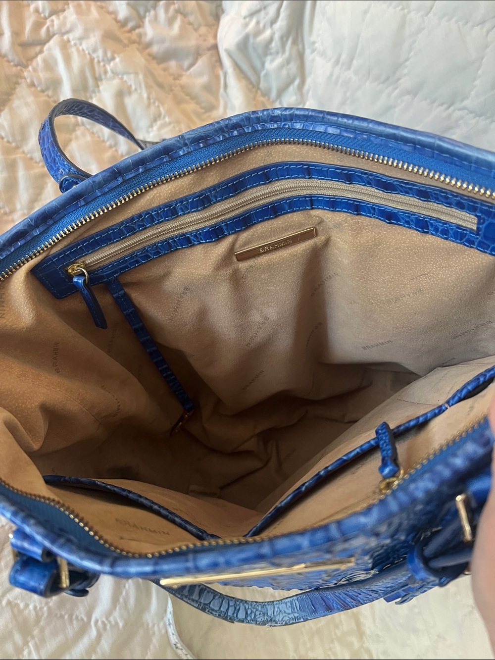 Brahmin Royal Blue Croc-Embossed Leather Tote wear on straps distinctive - Picture 9 of 12